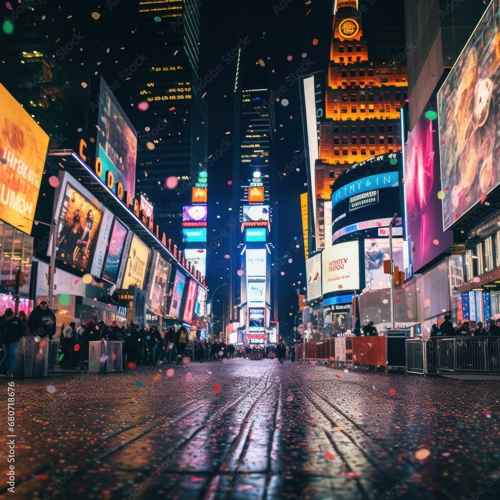 A panoramic view  with the iconic ball drop and bright lights welcoming in the new year.