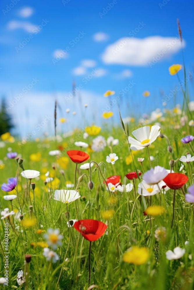 A serene and peaceful shot of a springtime meadow with wildflowers and a blue sky