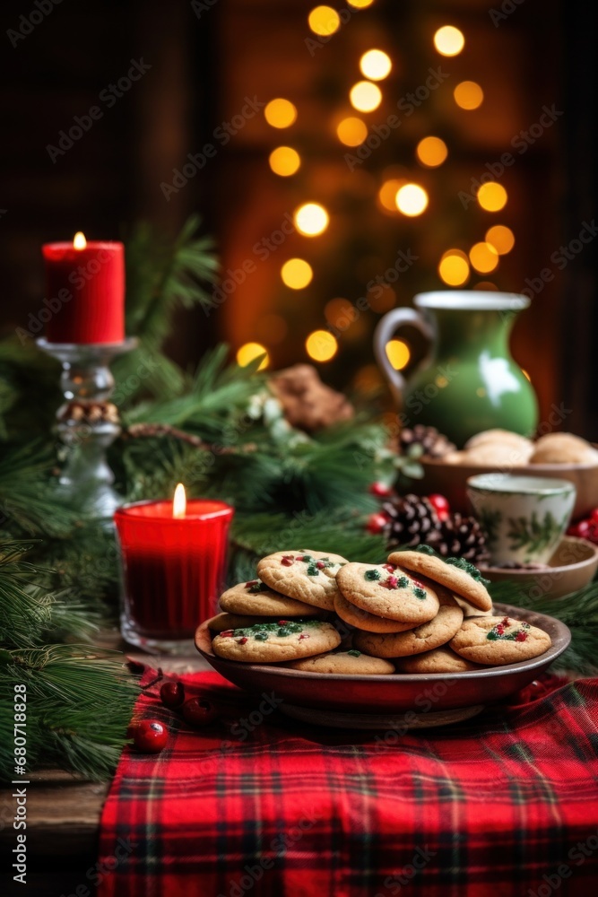 A rustic wooden table with candles, greenery, and a plate of Christmas cookies