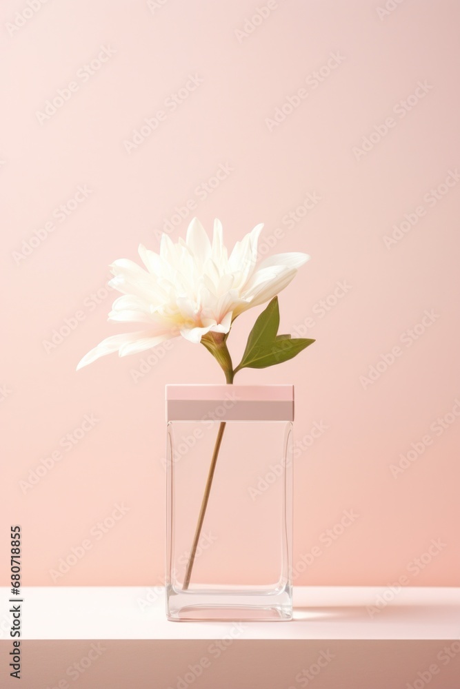 A single white flower in a glass vase sits on a light pink background with a gift box