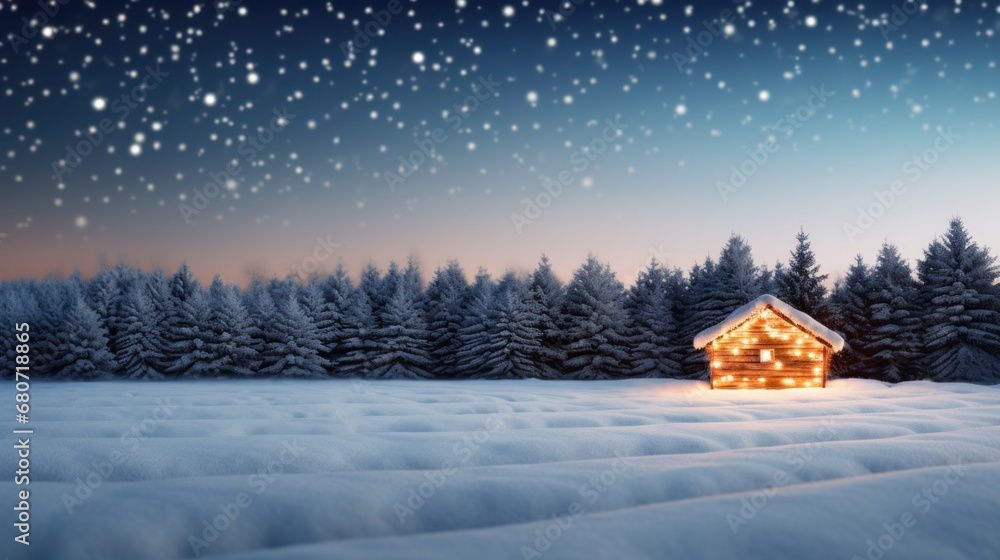 A snowy landscape with a cabin in the background, adorned with Christmas lights and copy space to the side