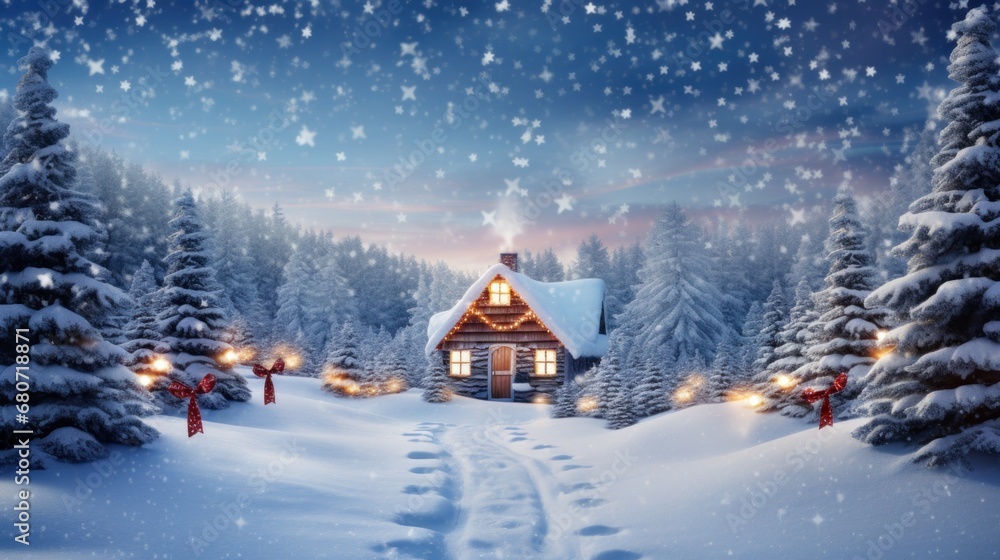 A snowy landscape with a cabin in the background, adorned with Christmas lights and copy space to the side