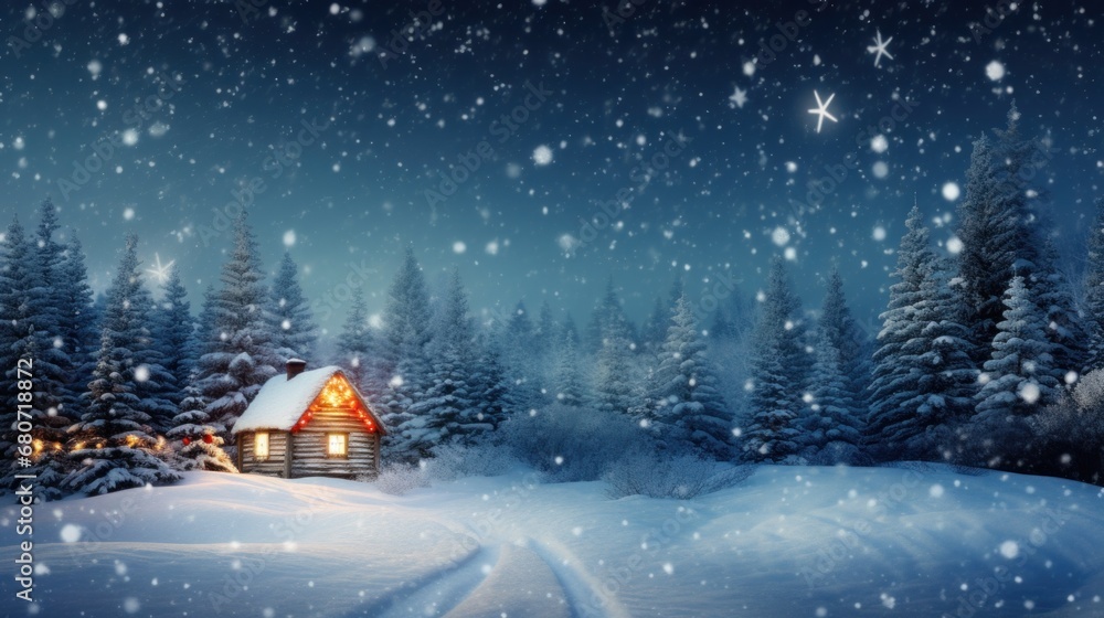 A snowy landscape with a cabin in the background, adorned with Christmas lights and copy space to the side