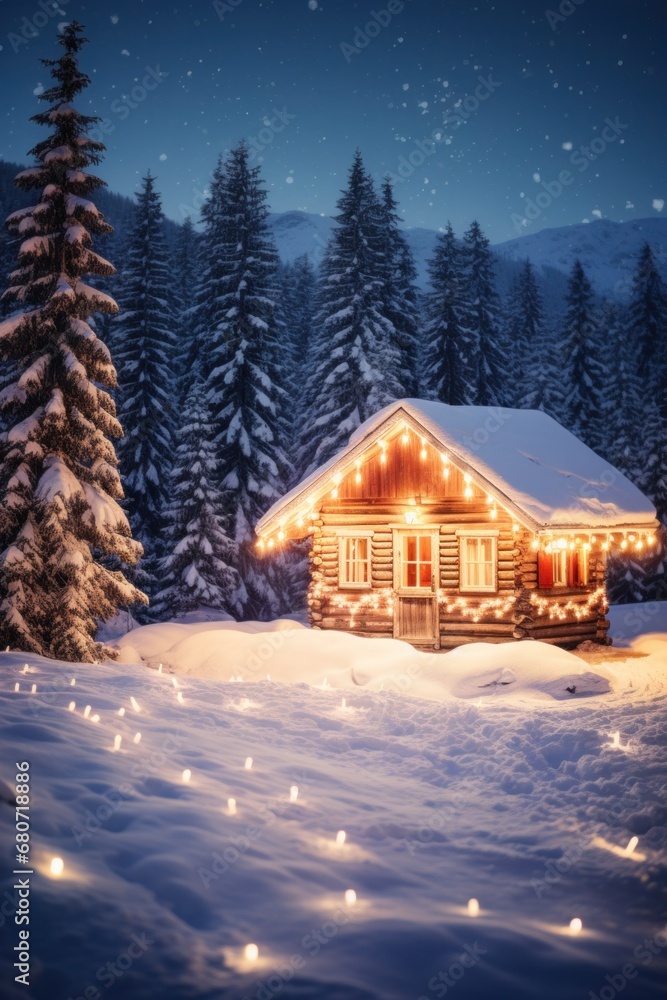 A snowy landscape with a cabin in the background, adorned with Christmas lights and copy space to the side