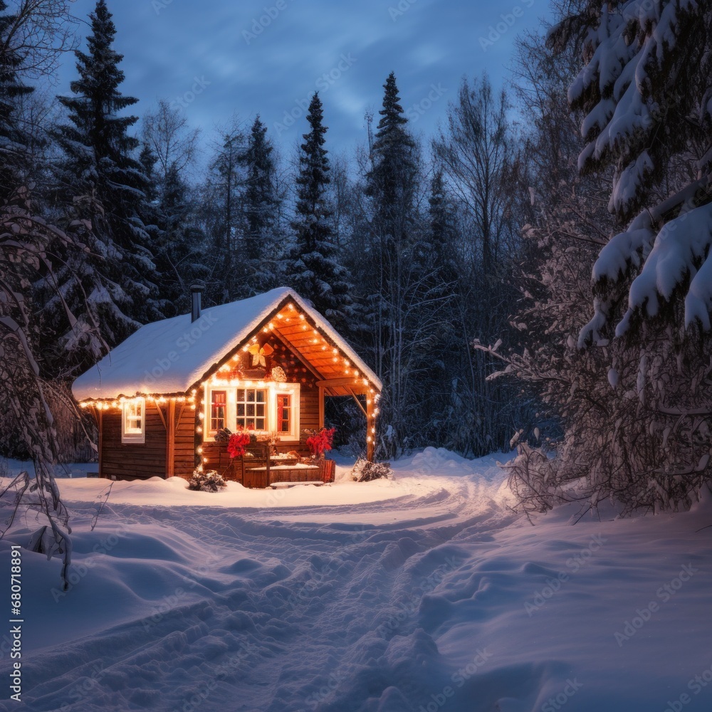 A snowy landscape with a cabin in the background, adorned with Christmas lights and copy space to the side