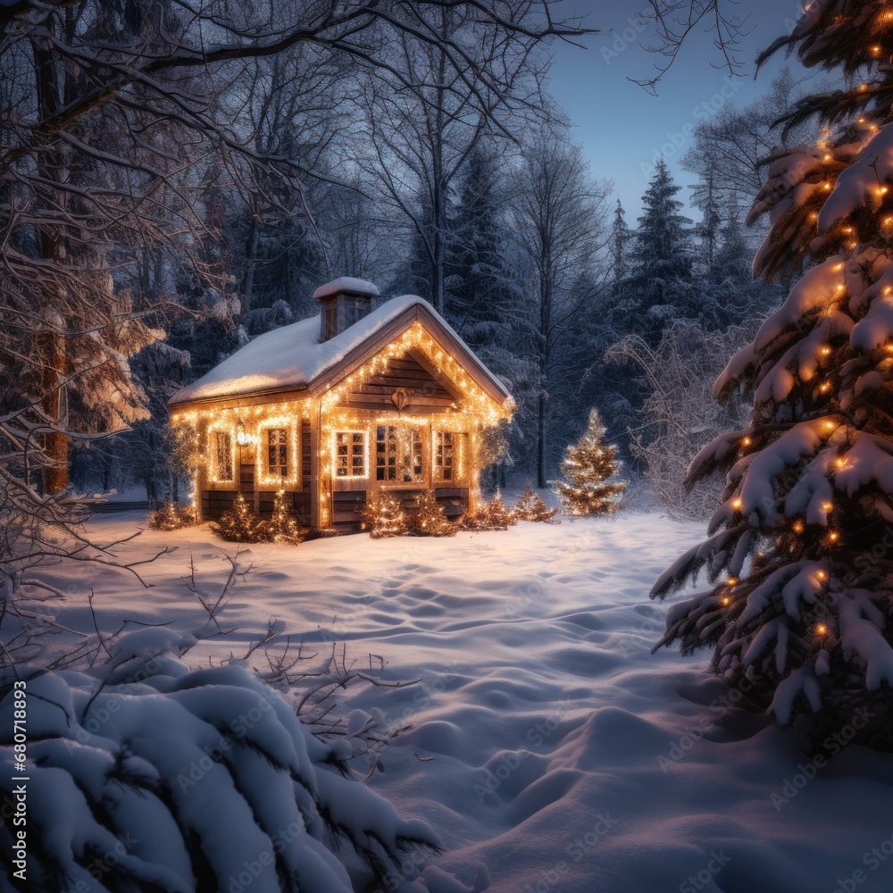 A snowy landscape with a cabin in the background, adorned with Christmas lights and copy space to the side