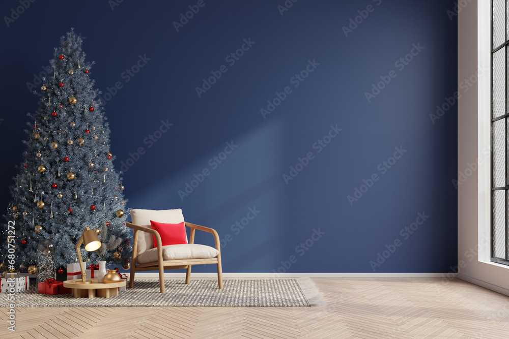 Christmas living room interior with with armchair on empty dark wall background