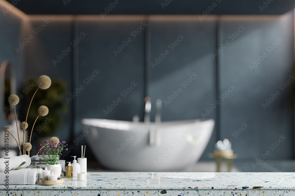 White marble bathroom tabletop with accessories decor in dark blue tone