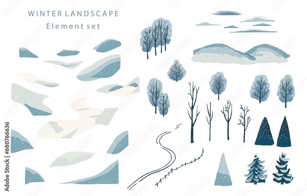 winter landscape object with mountain,tree.Editable vector illustration for postcard,sticker,decoration,icon