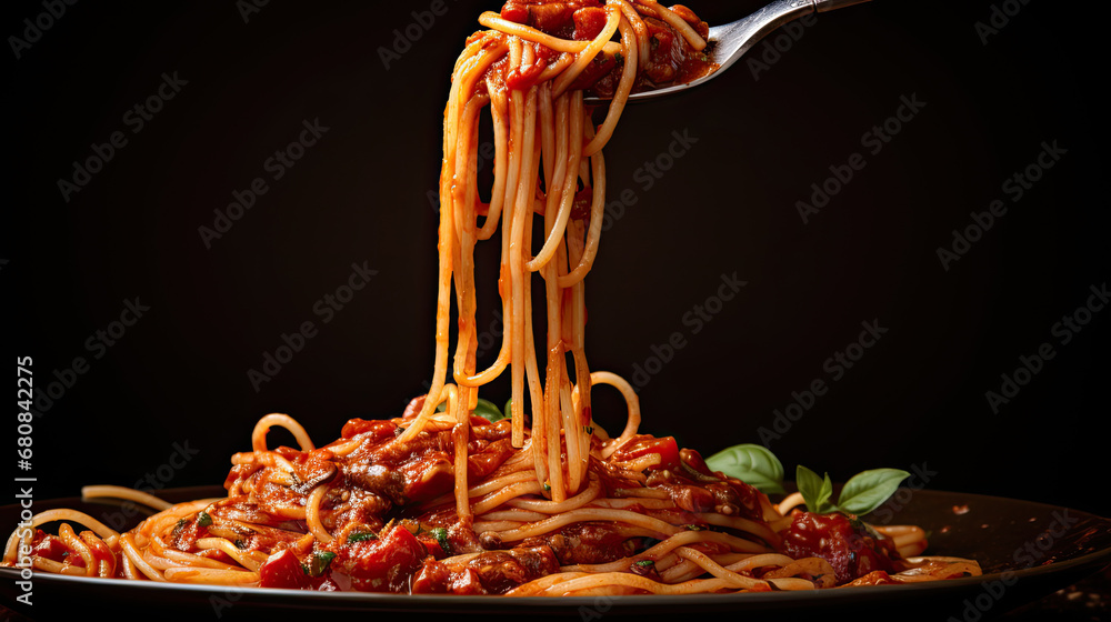 Isolated Fork with spaghetti pasta mozzarella aubergine  on white background, Fork with tasty pasta i