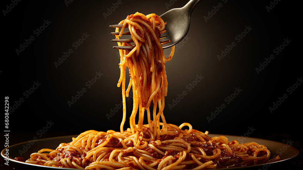 Isolated Fork with spaghetti pasta mozzarella aubergine  on white background, Fork with tasty pasta i