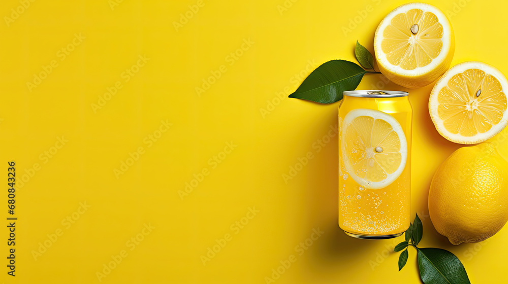 Creative summer composition with lemon slice, mint leaves, can of soda and ice cubes. Minimal lemonade drink concept. copy space