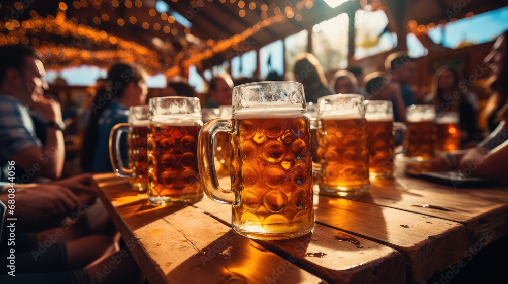 Oktoberfest, munich. Beer mugs on table, People drinking beer and having fun, tent interior.