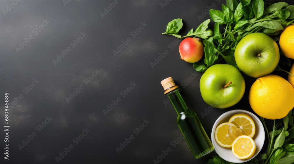 Healthy lifestyle, food and sport concept. Top view of athletes equipment Weight Scale measuring tape green dumbbell, sport water bottles, fruit and vegetables on gray background.