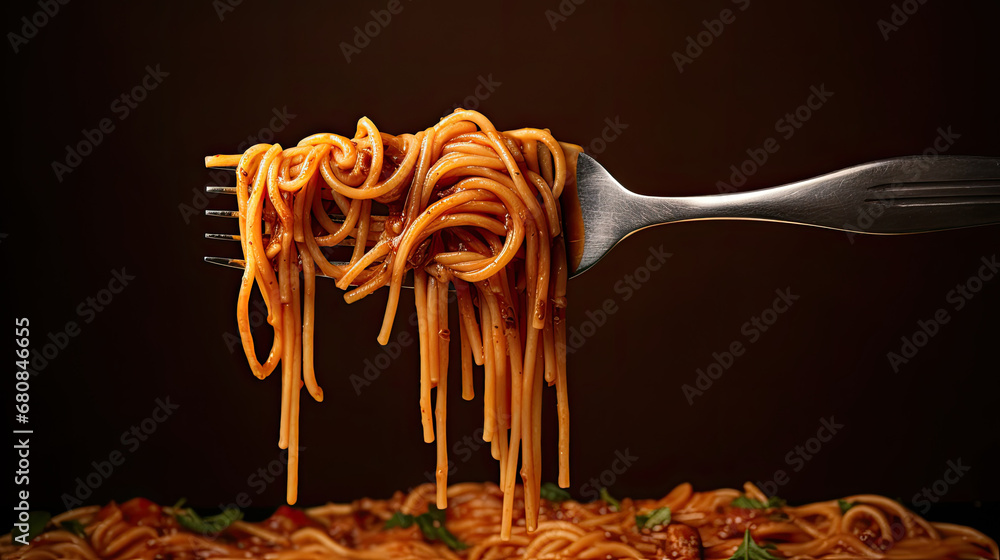 Isolated Fork with spaghetti pasta mozzarella aubergine  on white background, Fork with tasty pasta i