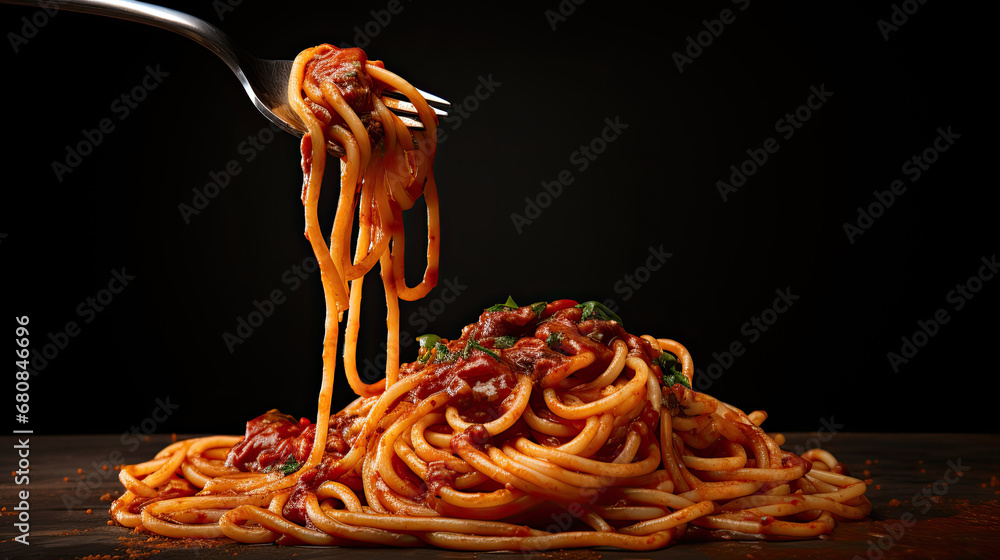 Isolated Fork with spaghetti pasta mozzarella aubergine  on white background, Fork with tasty pasta i