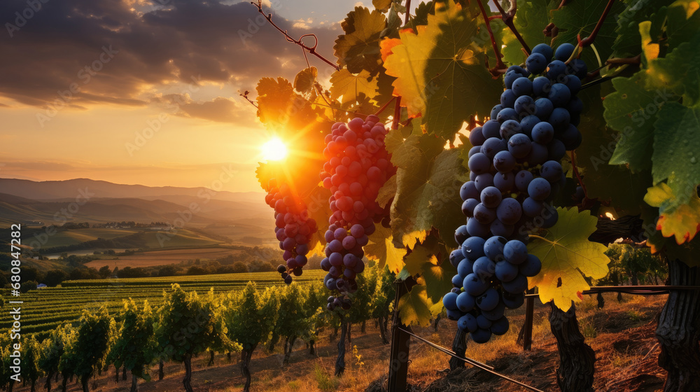 Ripe grapes in vineyard at sunset, Beautiful sunset over Tuscan vineyards.