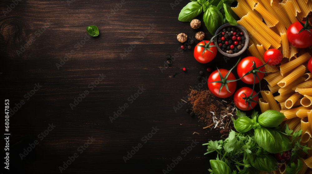 vegetables on a wooden background, Pasta variety , Italian food and drinks on black background with copy space.