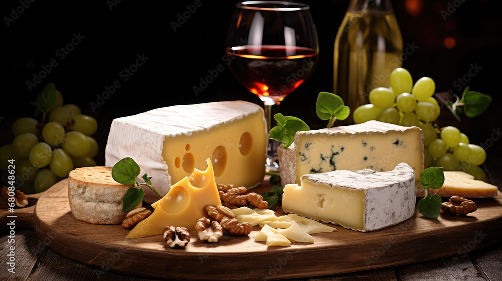 Different kinds of cheeses, wine, baguettes, fruits and snacks on rustic wooden table from above. French tasting party or feast scenery, Gourmet Delight , An Artful Array of Cheeses and Grapes