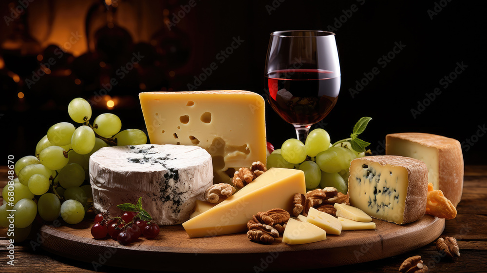 Different kinds of cheeses, wine, baguettes, fruits and snacks on rustic wooden table from above. French tasting party or feast scenery, Gourmet Delight , An Artful Array of Cheeses and Grapes