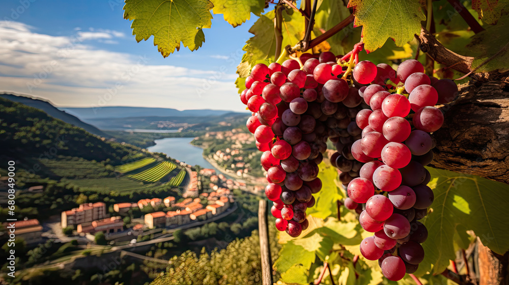 Beautiful sunset over Tuscan vineyards.red grapes in vineyard at sunset