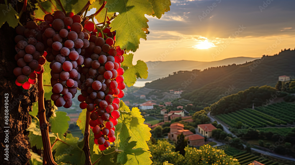 Beautiful sunset over Tuscan vineyards.red grapes in vineyard at sunset