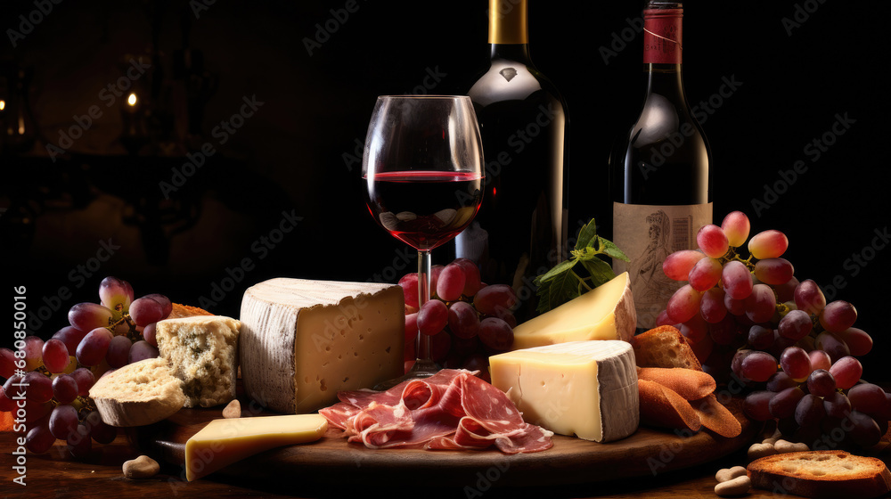 set of Red wine ,cheese and prosciutto on black background