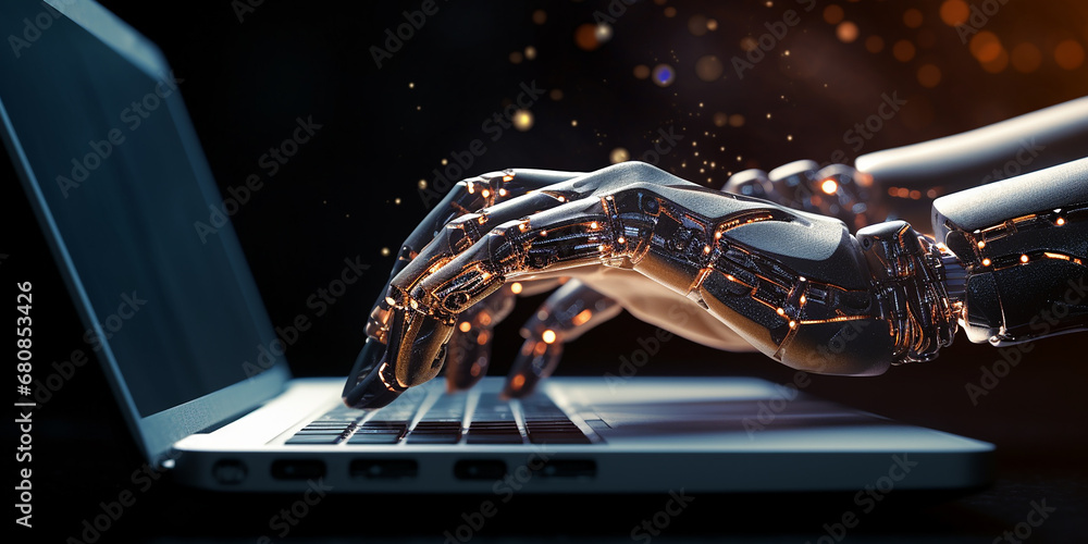 technological progress, artificial intelligence.  robot hands working at the computer