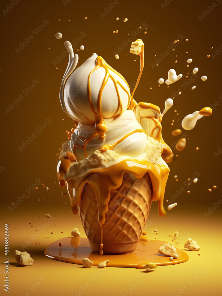 Caramel sauce drizzled down on vanilla ice cream cone with a puddle. Created with Generative AI technology