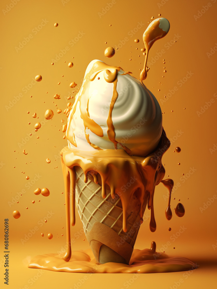 Caramel sauce drizzled down on vanilla ice cream cone with a puddle. Created with Generative AI technology