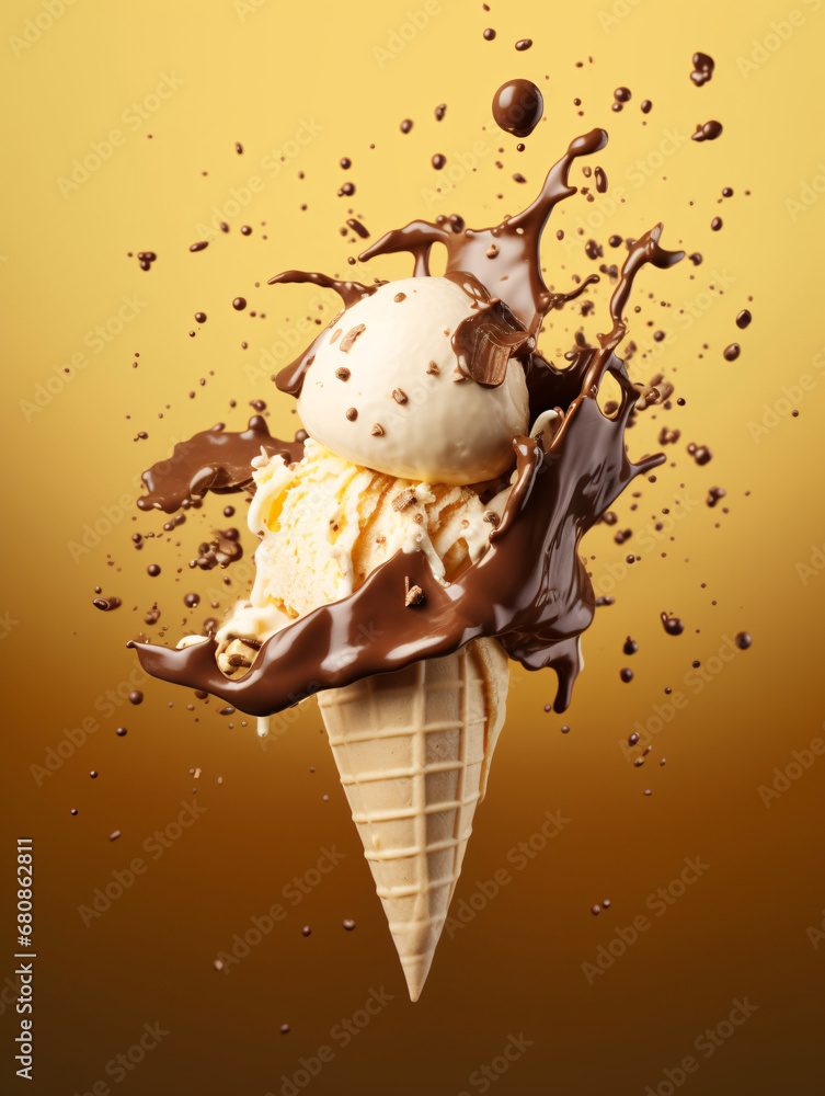 Vanilla ice cream cone with chocolate sauce splashing. Created with Generative AI technology