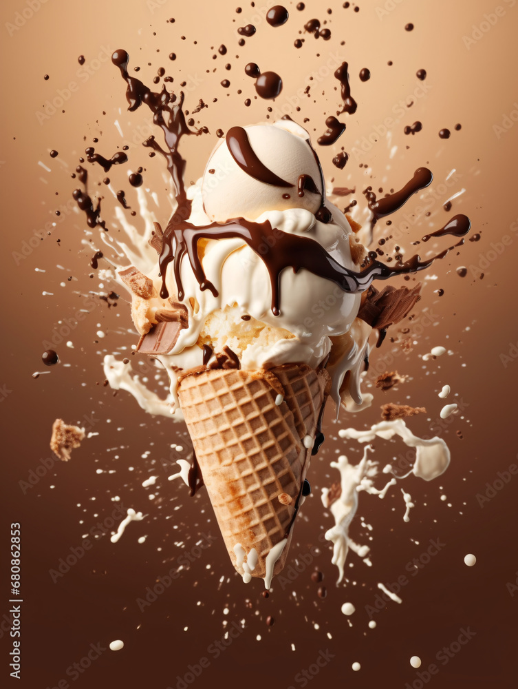 Vanilla and chocolate sauce ice cream cone with splash effect on gradient brown background. Created with Generative AI technology