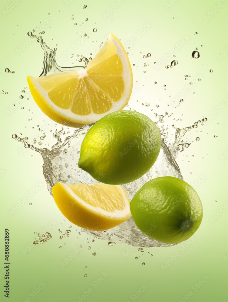 Lime and sliced lemon with water splashing on green gradient backdrop. Created with Generative AI technology