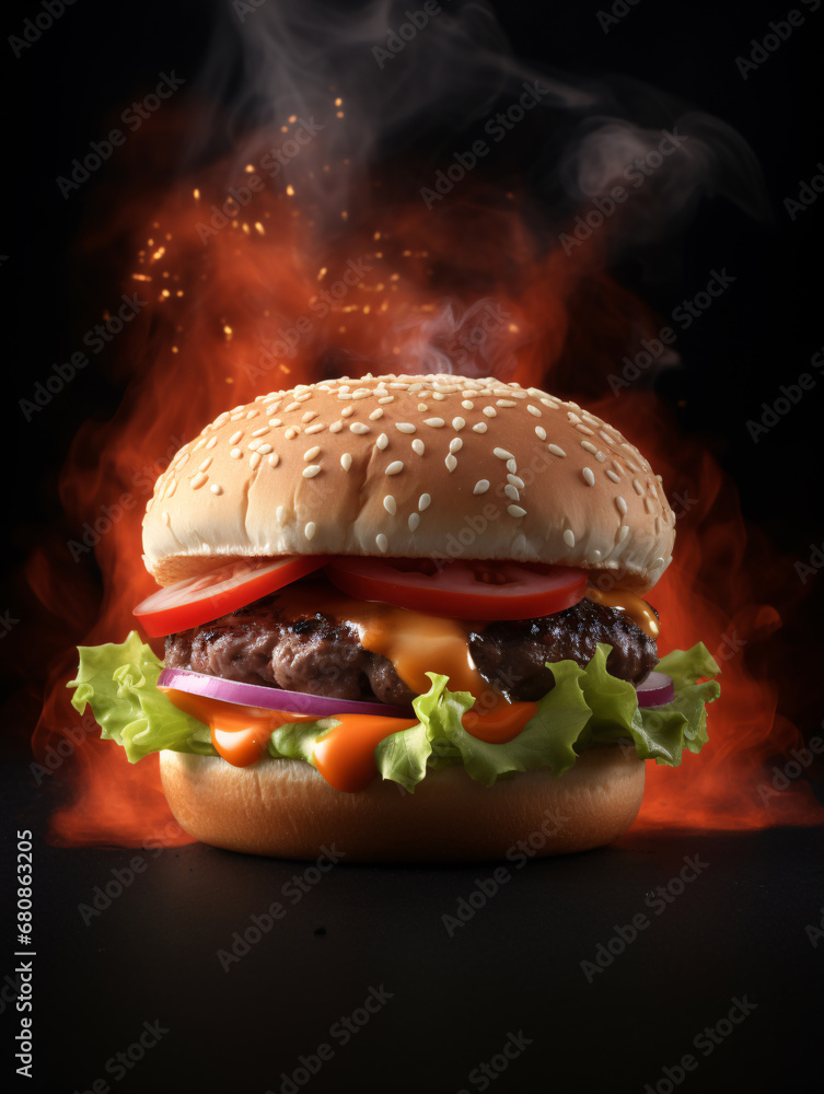 Hamburger on dark background with flaming fire. Created with Generative AI technology