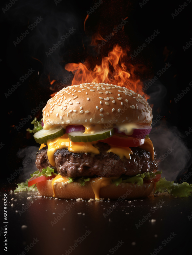 Hamburger on dark background with flaming fire. Created with Generative AI technology