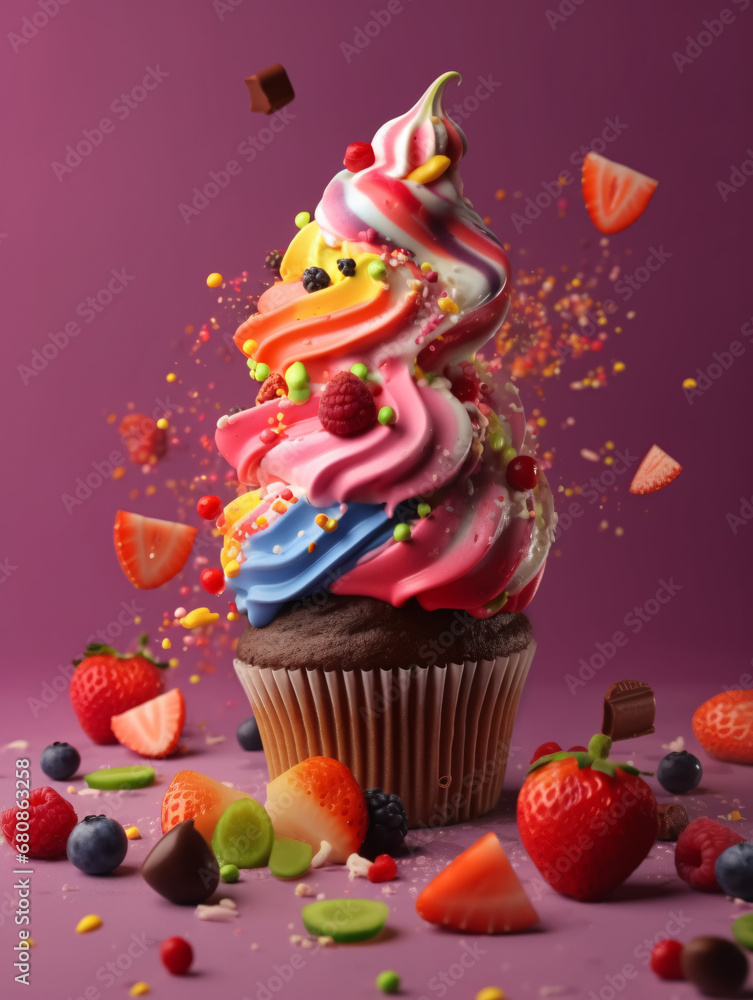 Delicious cupcake with colorful toppings and frosting surrounded by berries. Created with Generative AI technology