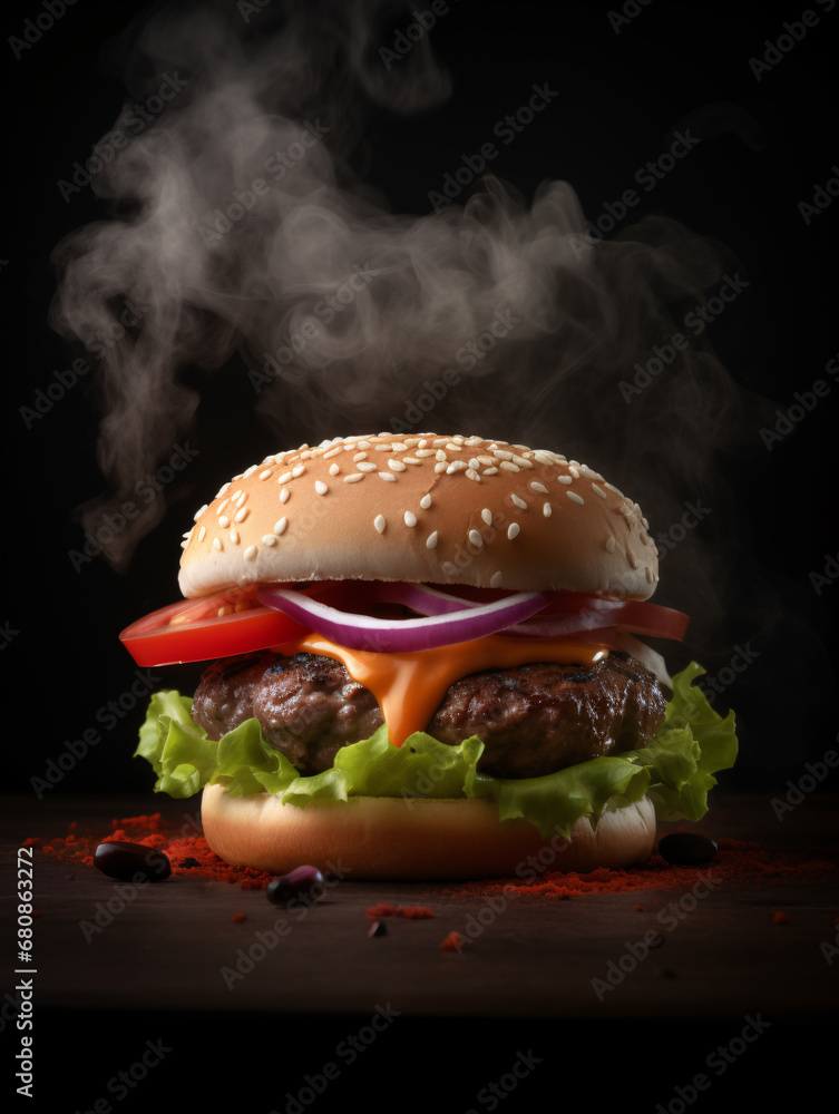 Hamburger with lettuce, tomato, melted cheese and meat patties on dark background. Created with Generative AI technology