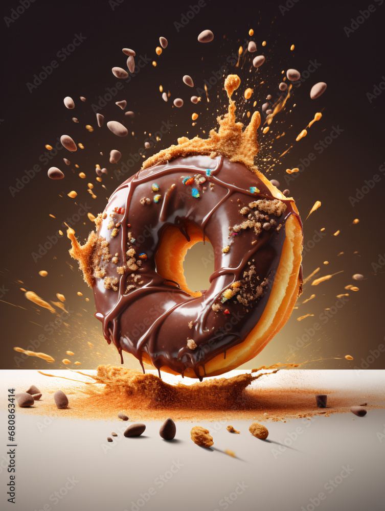 Delicious chocolate glazed doughnut with splashing powders and bits. Created with Generative AI technology