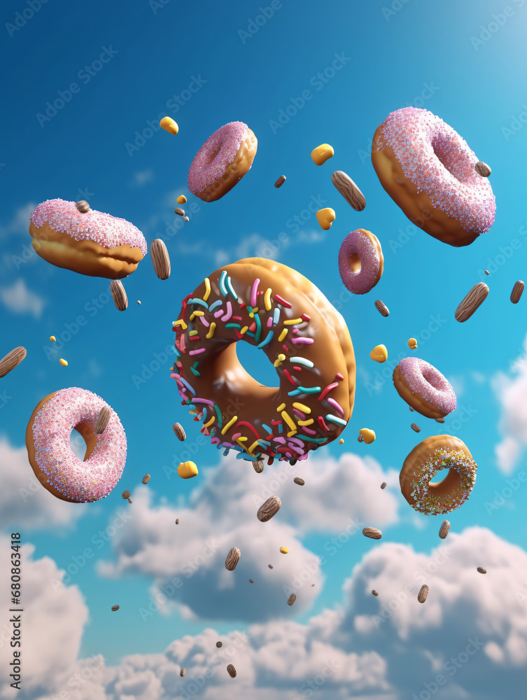 Delicious doughnuts and colorful sprinkles floating on blue cloudy sky background. Created with Generative AI technology