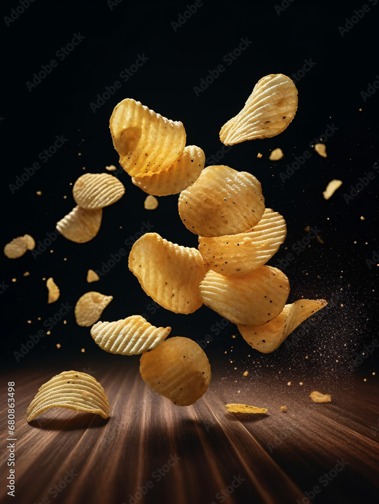 Ridged potato chips and seasoning powder floating in above wooden table on dark background. Created with Generative AI technology