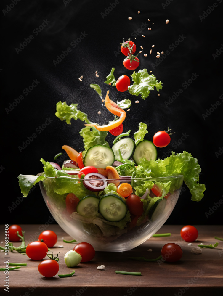 Glass bowl filled with salad display on wooden table. Created with Generative AI technology