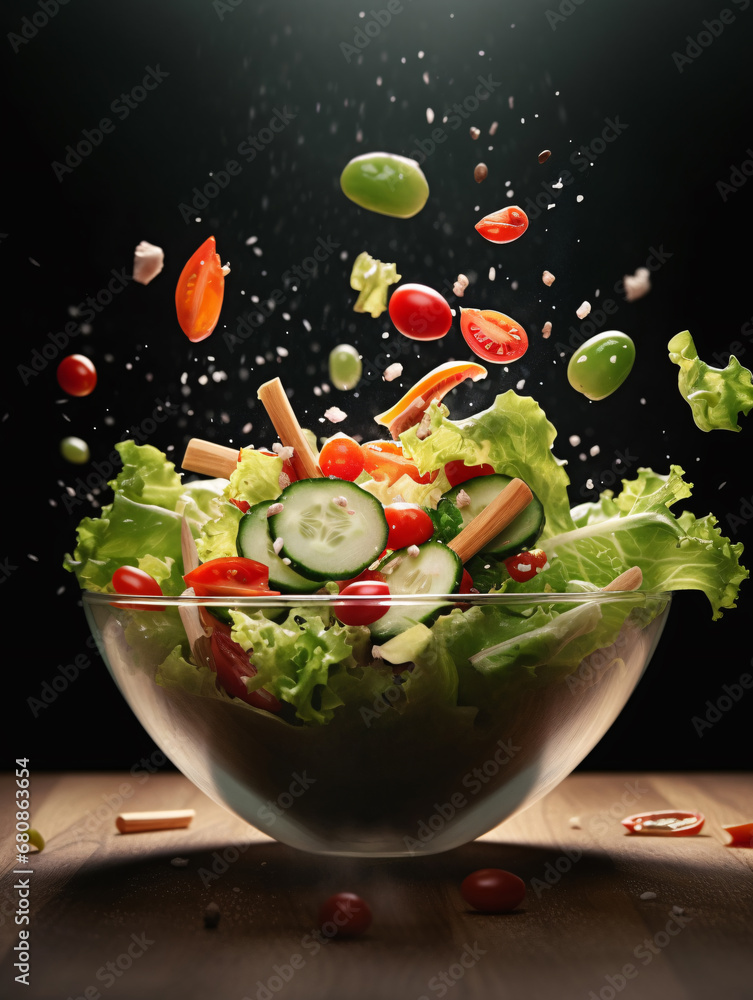 Glass bowl filled with salad display on wooden table. Created with Generative AI technology