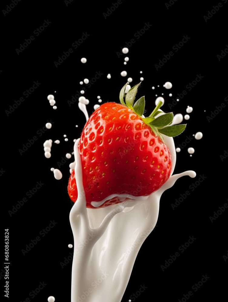 Fresh strawberries covered in splashing milk on dark background. Created with Generative AI technology