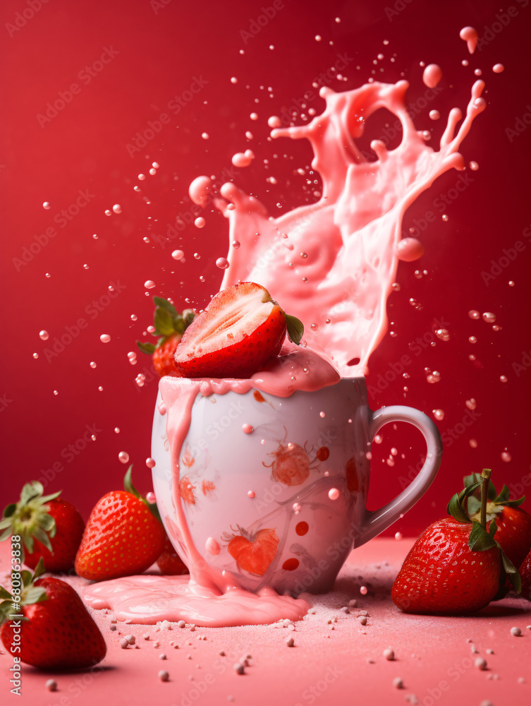 Cup of milkshake with splash effect on red background with strawberries. Created with Generative AI technology