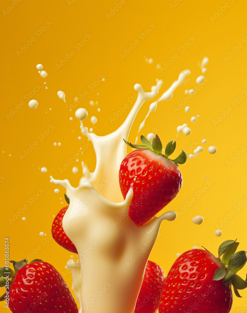 Fresh strawberries and milk splashing on bright yellow background. Created with Generative AI technology