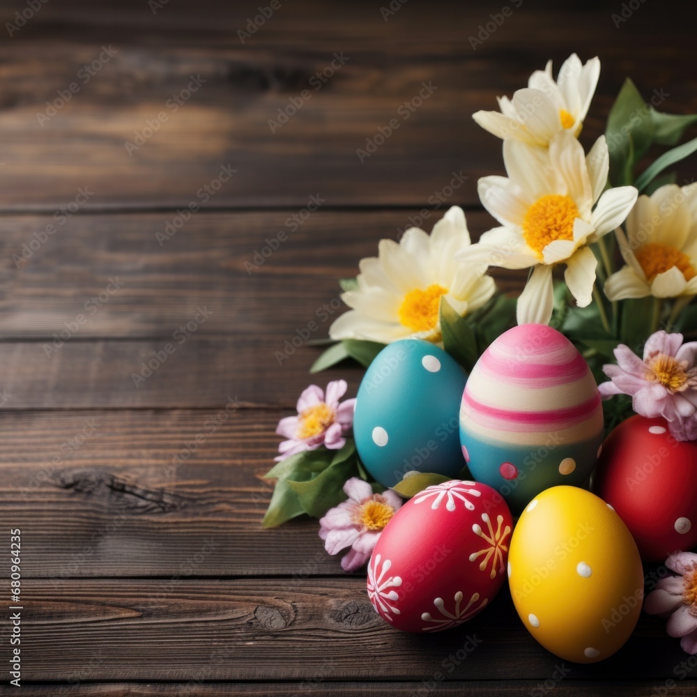 A colorful Easter egg and flower arrangement on a vintage wooden background