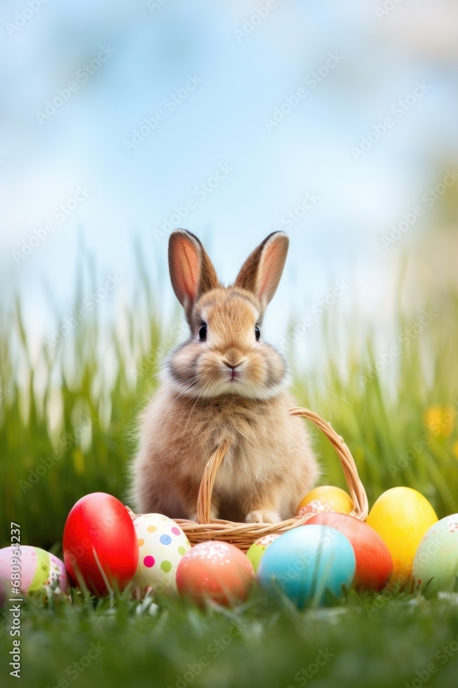 A cute bunny sitting on a bed of green grass with a basket of Easter eggs and copy space for text