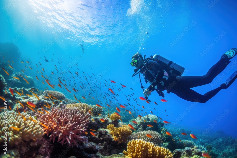 A diver exploring a vibrant coral reef with a school of colorful fish swimming around them