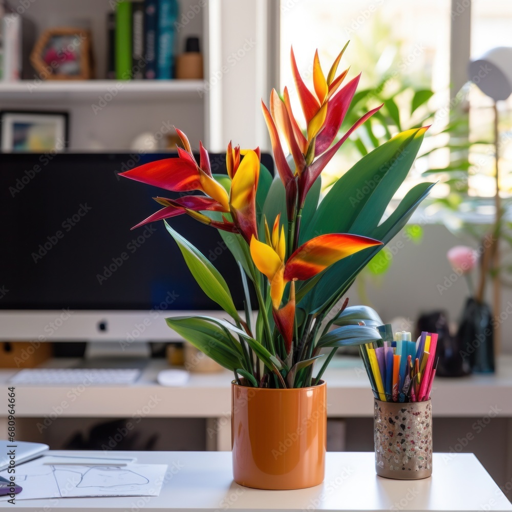 A cozy office space with a vibrant bird of paradise plant on the desk