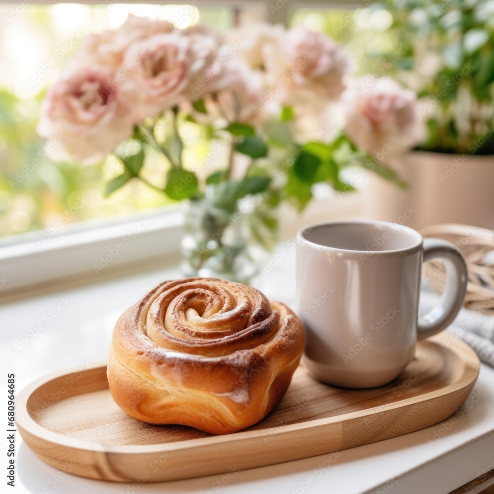  cozy setting of a coffee mug with a cinnamon bun and a flower vase, placed on a wooden tray